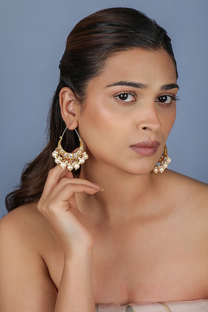 Gold Plated Jadtar Stone & Pearl Chandbali Earrings by Riana Jewellery at Pernia's Pop Up Shop