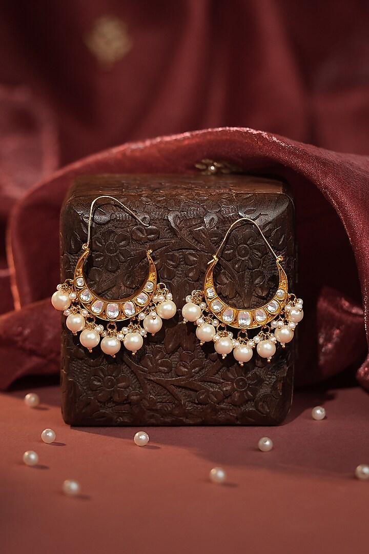 Gold Plated Jadtar Stone & Pearl Chandbali Earrings by Riana Jewellery at Pernia's Pop Up Shop