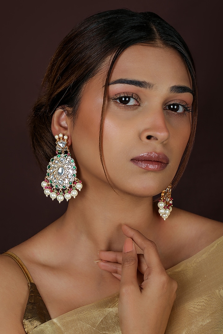 Gold Plated Pearl & Green Beaded Handcrafted Dangler Earrings by Riana Jewellery at Pernia's Pop Up Shop