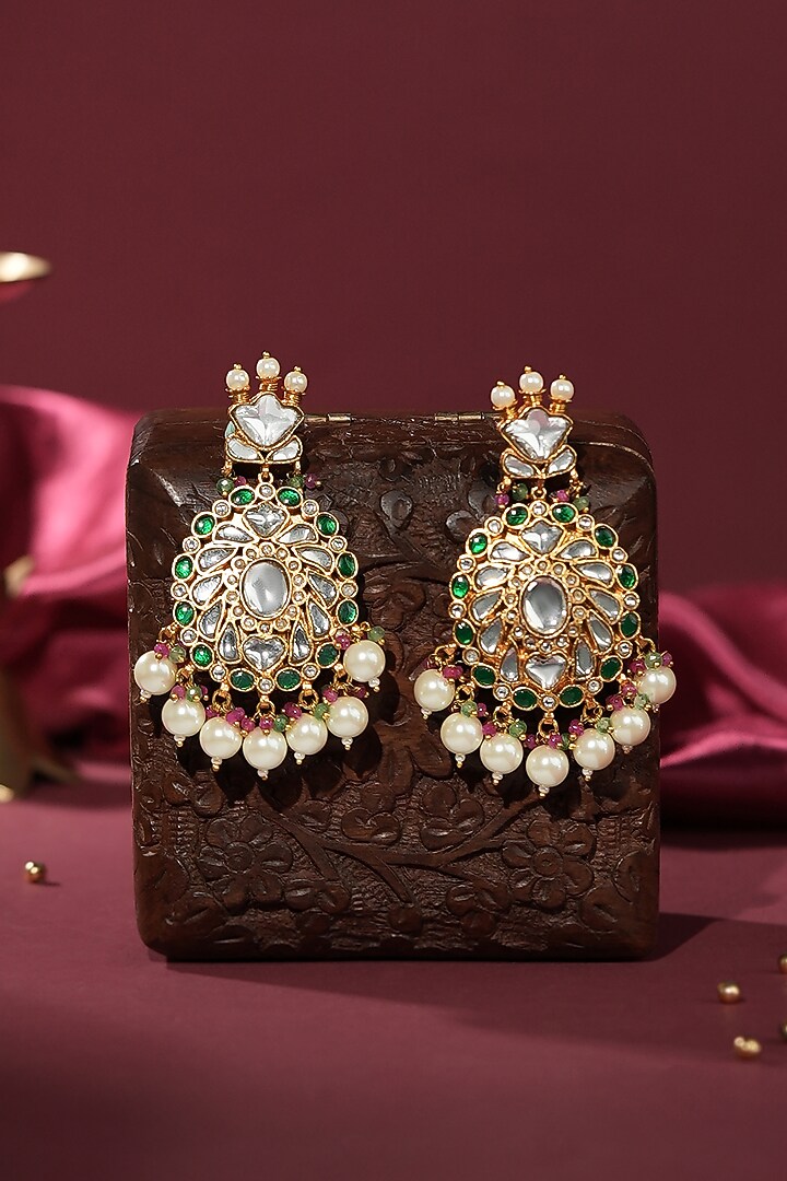 Gold Plated Pearl & Green Beaded Handcrafted Dangler Earrings by Riana Jewellery at Pernia's Pop Up Shop