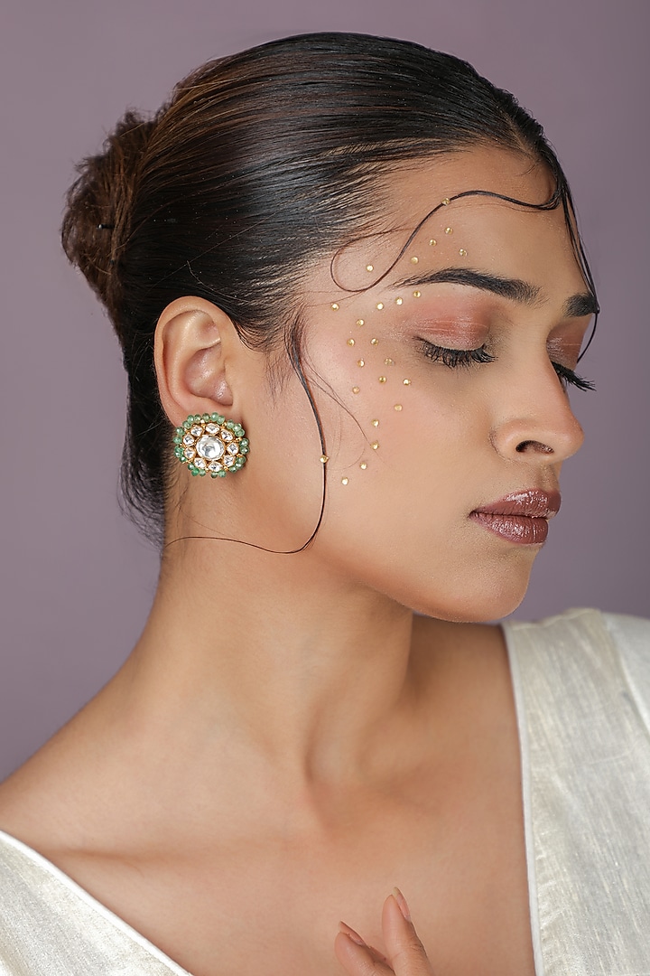Gold Plated Sea Green Beaded Stud Earrings by Riana Jewellery at Pernia's Pop Up Shop