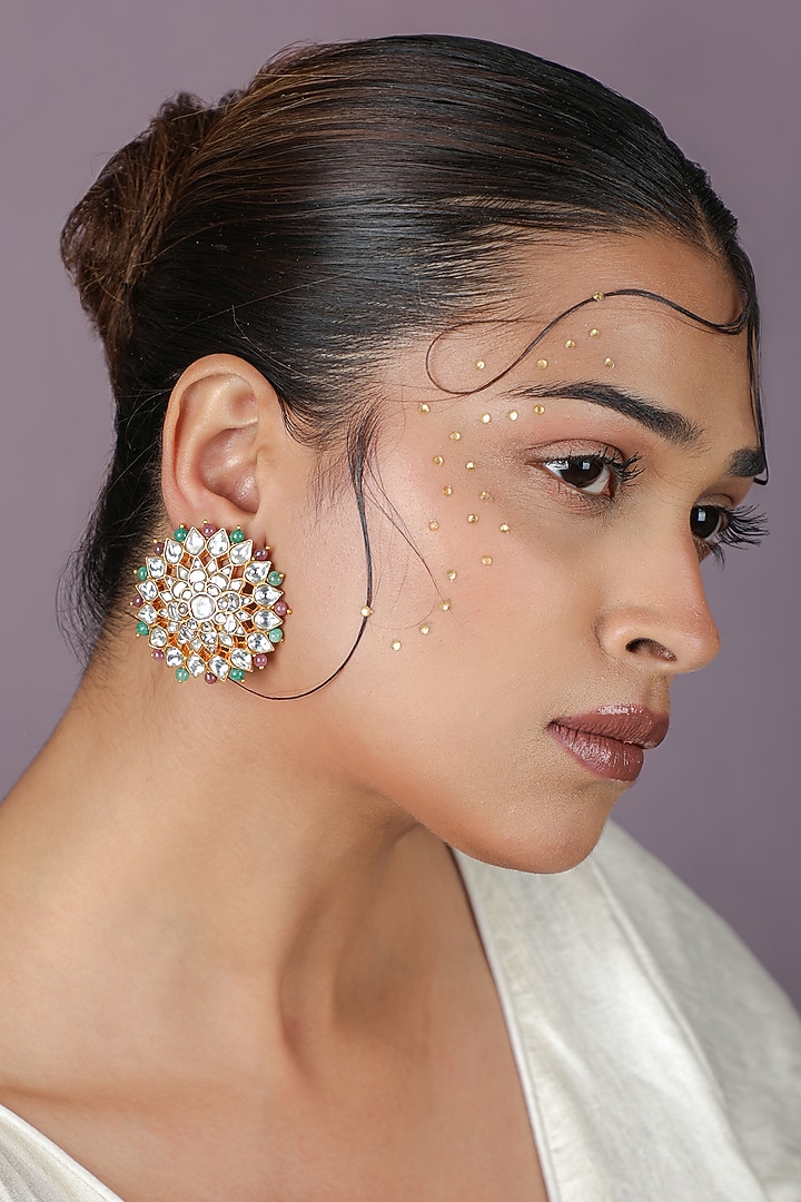 Gold Plated Pastel Pink Sea Green Beaded Floral Stud Earrings by Riana Jewellery at Pernia's Pop Up Shop