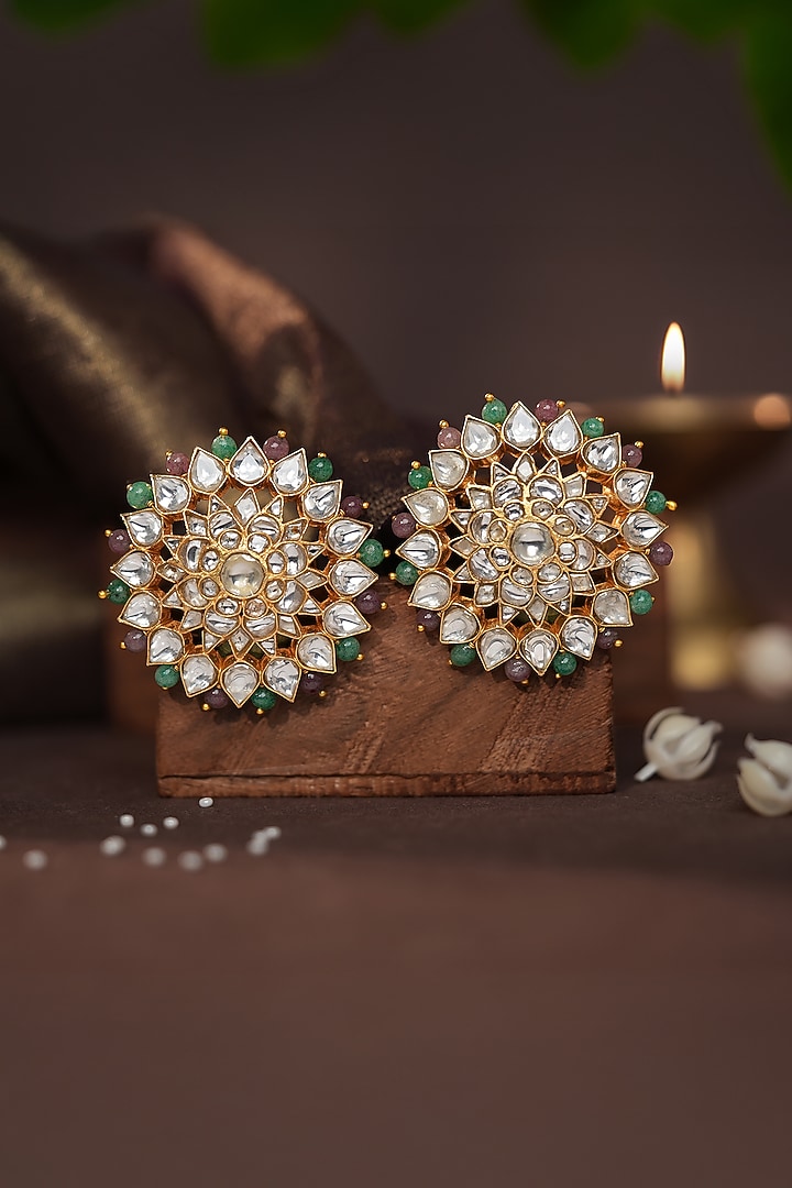 Gold Plated Pastel Pink Sea Green Beaded Floral Stud Earrings by Riana Jewellery at Pernia's Pop Up Shop