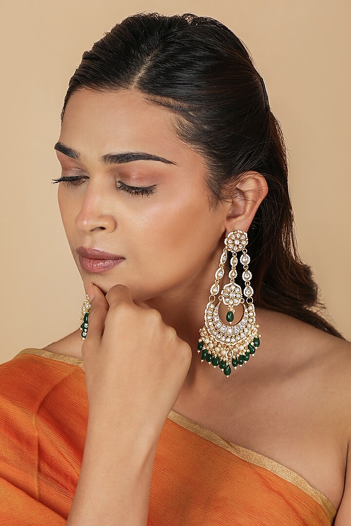 Gold Plated Emerald Green Beaded Long Chandbali Earrings by Riana Jewellery at Pernia's Pop Up Shop