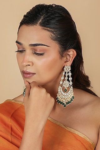 Gold Plated Emerald Green Beaded Long Chandbali Earrings by Riana Jewellery