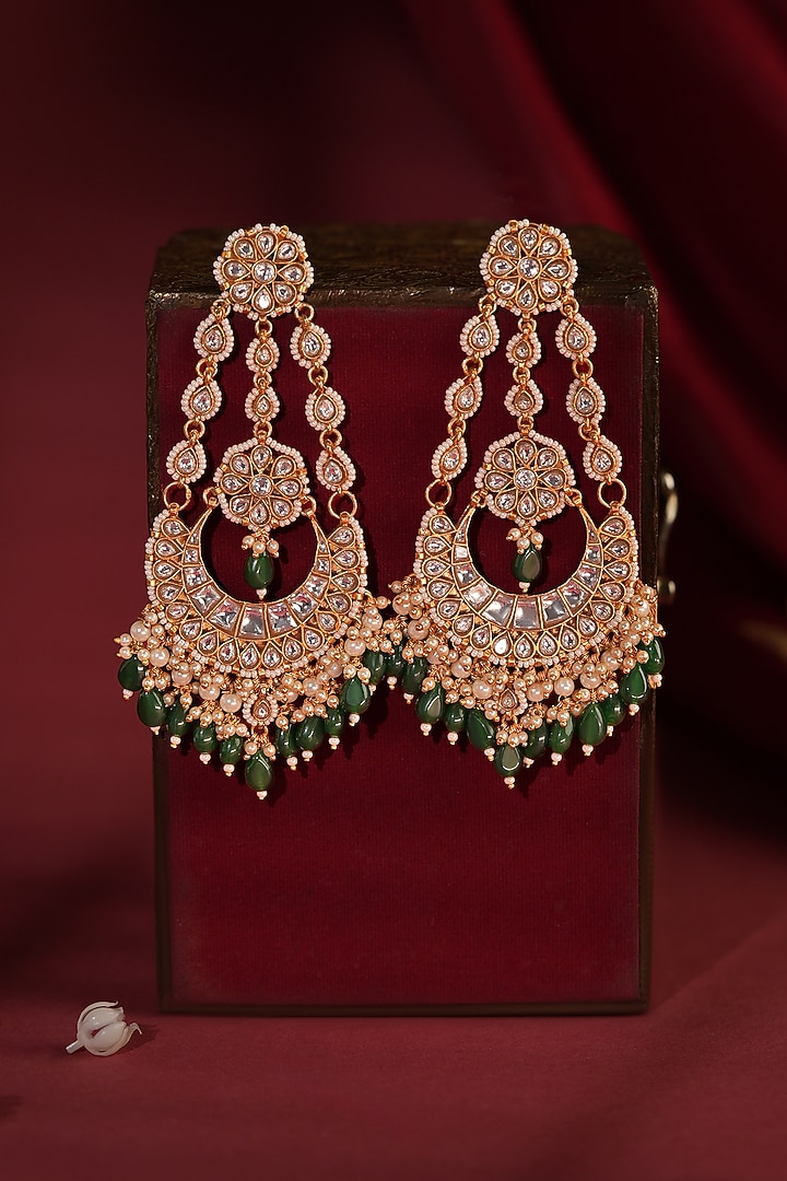 Gold Plated Emerald Green Beaded Long Chandbali Earrings by Riana Jewellery at Pernia's Pop Up Shop