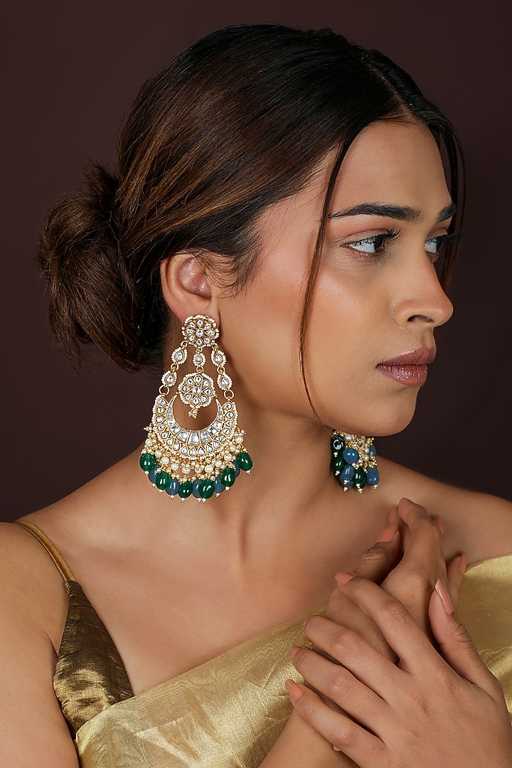 Gold Plated Emerald Green & Sapphire Beaded Long Chandbali Earrings by Riana Jewellery at Pernia's Pop Up Shop