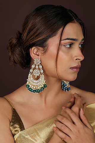Gold Plated Emerald Green & Sapphire Beaded Long Chandbali Earrings by Riana Jewellery