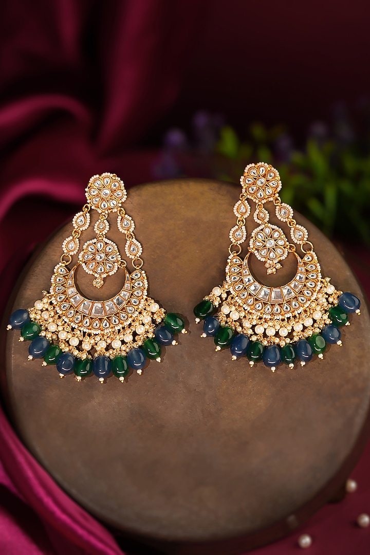Gold Plated Emerald Green & Sapphire Beaded Long Chandbali Earrings by Riana Jewellery at Pernia's Pop Up Shop