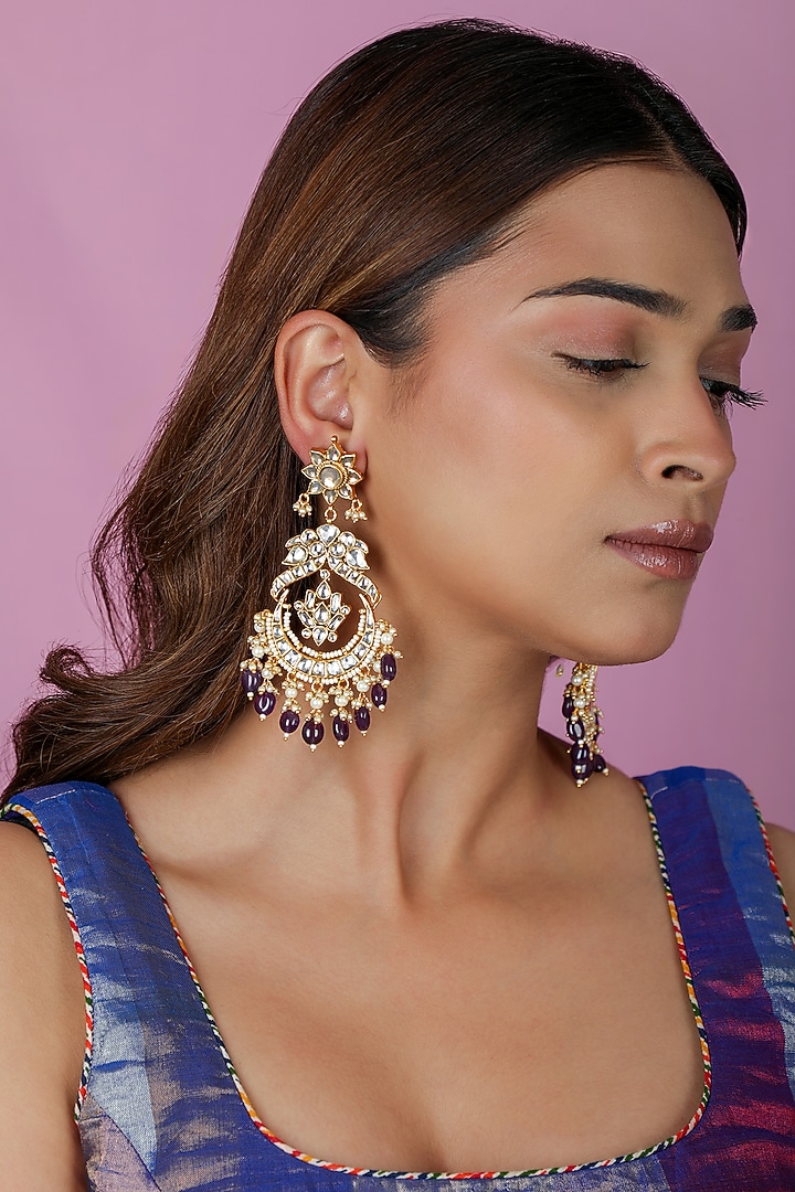 Gold Plated Jadau Kundan Polki & Green Gemstone Chandbali Earrings by Riana Jewellery at Pernia's Pop Up Shop