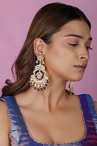 Gold Plated Jadau Kundan Polki & Green Gemstone Chandbali Earrings by Riana Jewellery