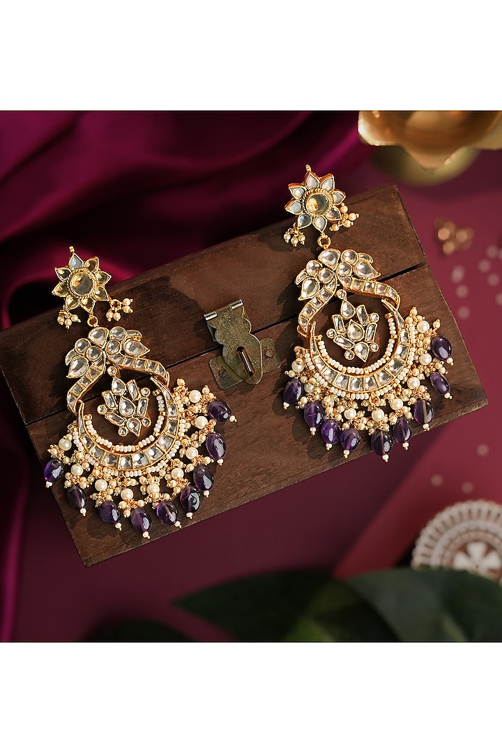 Gold Plated Jadau Kundan Polki & Green Gemstone Chandbali Earrings by Riana Jewellery at Pernia's Pop Up Shop