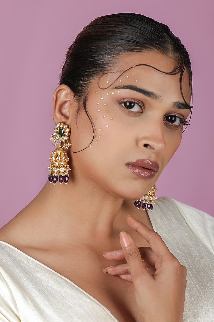 Gold Plated Emerald Stone & Purple Beaded Jhumka Earrings by Riana Jewellery at Pernia's Pop Up Shop