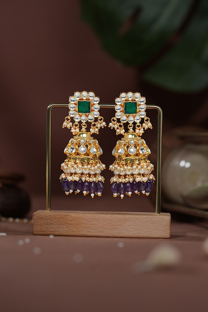 Gold Plated Emerald Stone & Purple Beaded Jhumka Earrings by Riana Jewellery at Pernia's Pop Up Shop