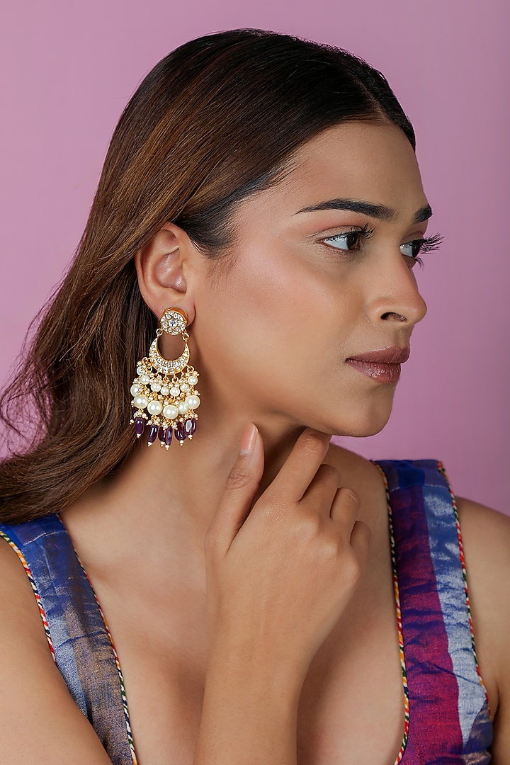 Gold Plated Pearl & Purple Beaded Chandbali Earrings by Riana Jewellery at Pernia's Pop Up Shop