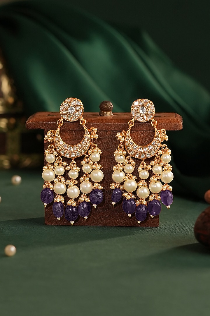 Gold Plated Pearl & Purple Beaded Chandbali Earrings by Riana Jewellery at Pernia's Pop Up Shop
