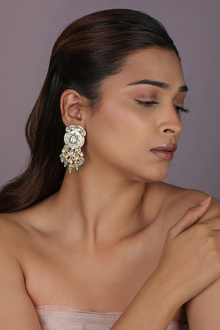Gold Plated Sea Green Beaded Meenakari Dangler Earrings by Riana Jewellery at Pernia's Pop Up Shop