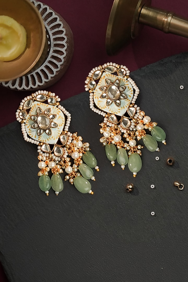 Gold Plated Sea Green Beaded Meenakari Dangler Earrings by Riana Jewellery at Pernia's Pop Up Shop