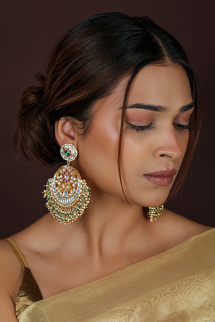 Gold Plated Kundan Polki & Pearl Beaded Chandbali Earrings by Riana Jewellery at Pernia's Pop Up Shop