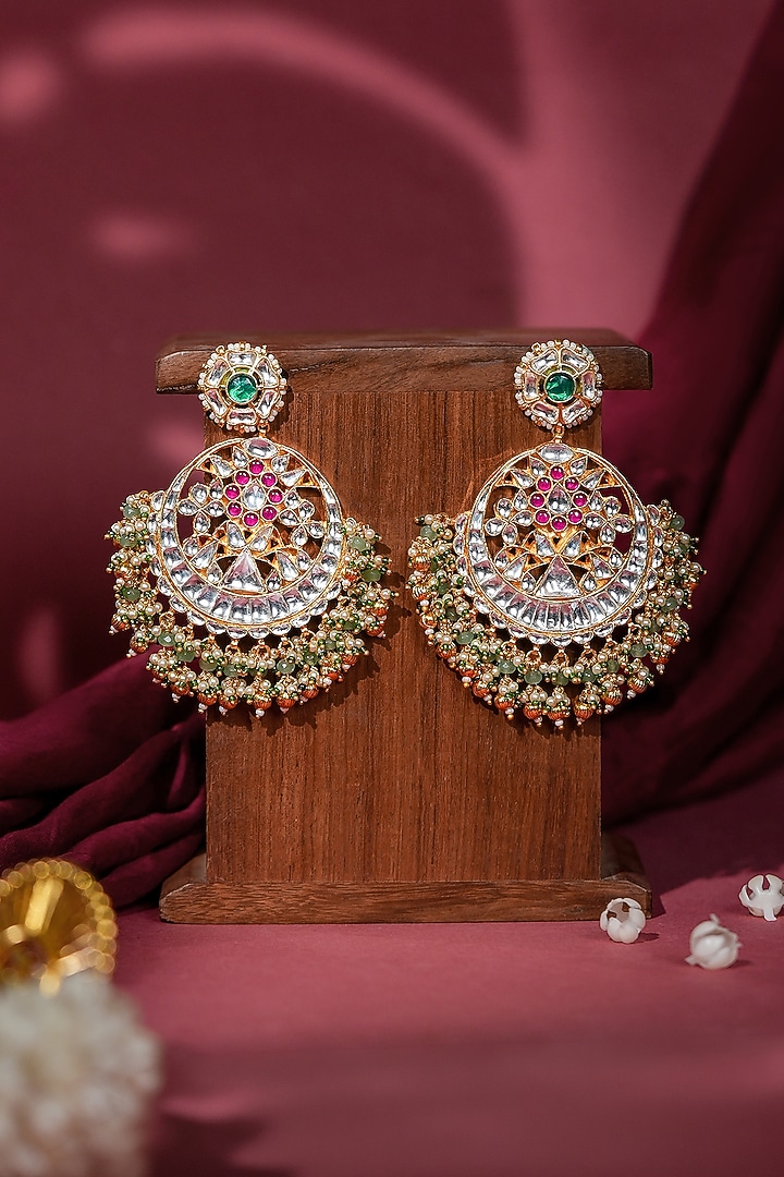Gold Plated Kundan Polki & Pearl Beaded Chandbali Earrings by Riana Jewellery at Pernia's Pop Up Shop