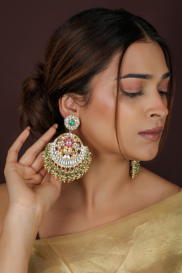 Gold Plated Kundan Polki & Pearl Beaded Chandbali Earrings by Riana Jewellery at Pernia's Pop Up Shop