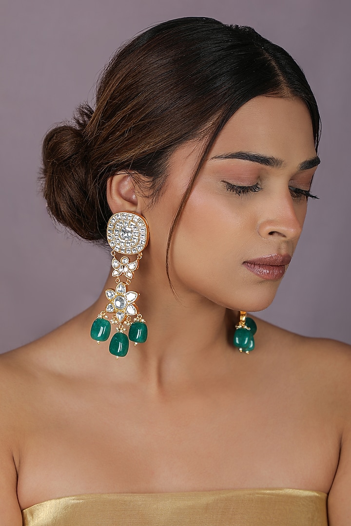 Gold Plated Jadtar White Stone & Emerald Tumble Beaded Dangler Earrings by Riana Jewellery at Pernia's Pop Up Shop