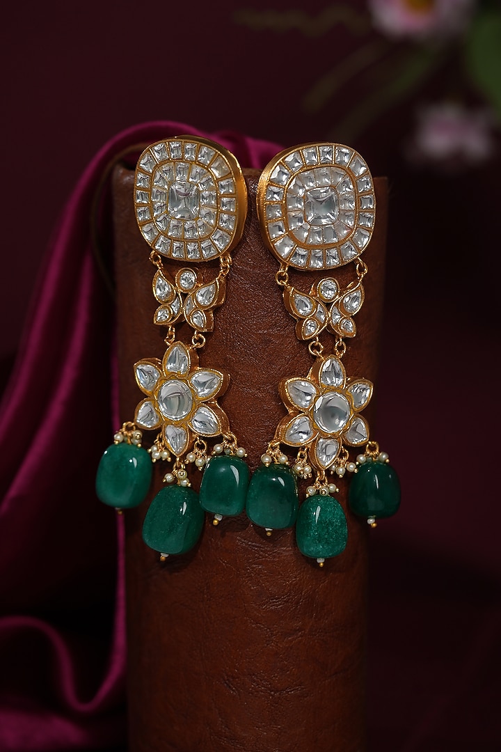 Gold Plated Jadtar White Stone & Emerald Tumble Beaded Dangler Earrings by Riana Jewellery at Pernia's Pop Up Shop