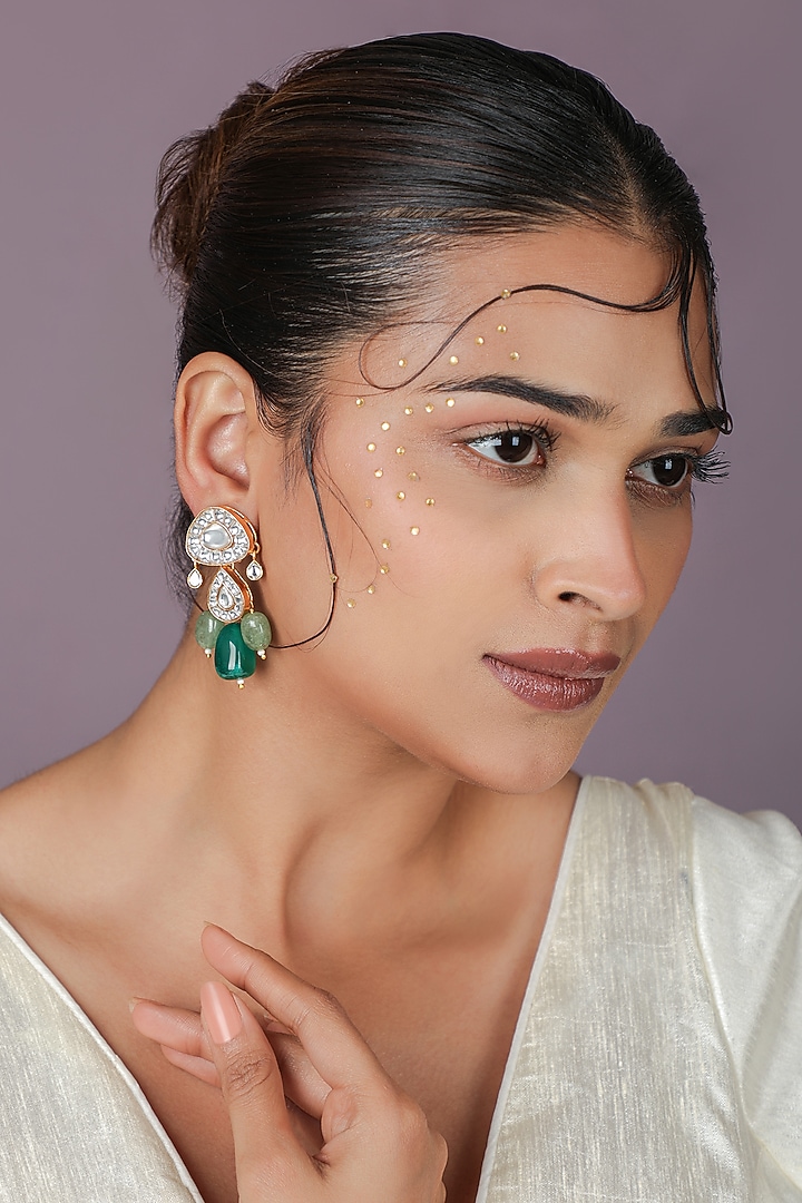 Gold Plated Green Jadtar Stone Handcrafted Dangler Earrings by Riana Jewellery at Pernia's Pop Up Shop