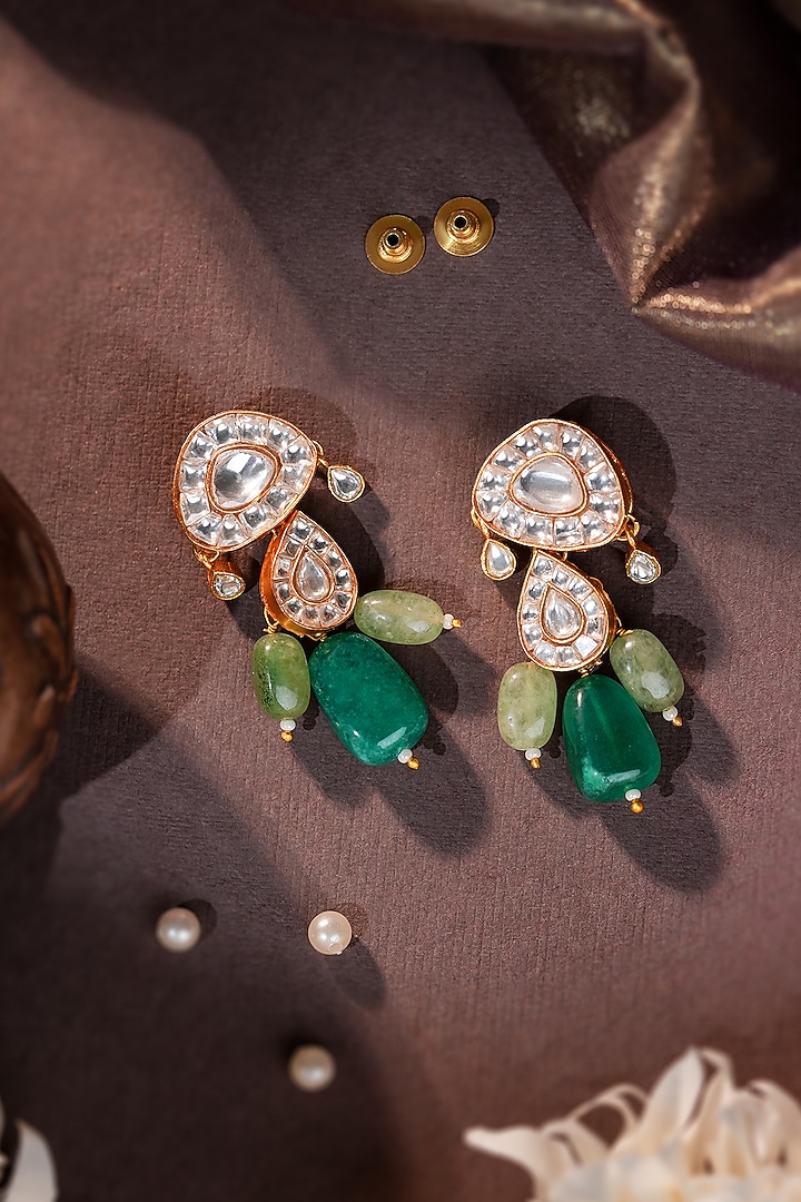 Gold Plated Green Jadtar Stone Handcrafted Dangler Earrings by Riana Jewellery at Pernia's Pop Up Shop
