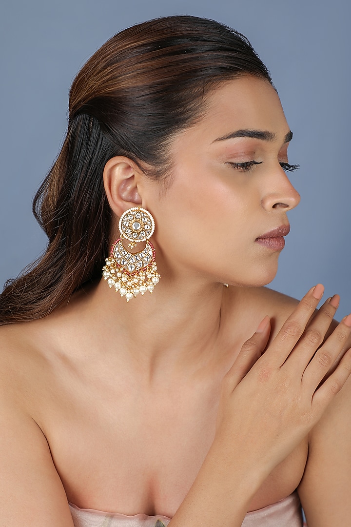 Gold Plated Kundan Polki & Pearl Enameled Handcrafted Dangler Earrings by Riana Jewellery at Pernia's Pop Up Shop