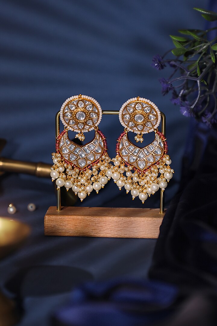 Gold Plated Kundan Polki & Pearl Enameled Handcrafted Dangler Earrings by Riana Jewellery at Pernia's Pop Up Shop