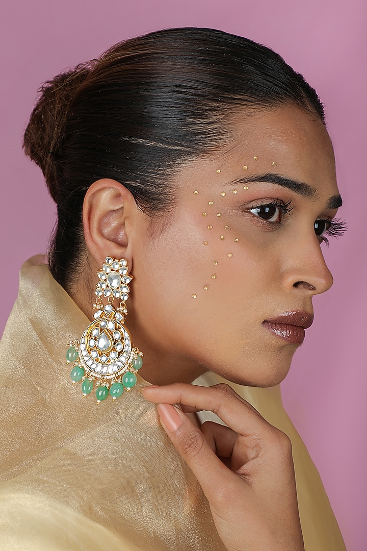 Gold Plated Jadtar Stone & Green Beaded Dangler Earrings by Riana Jewellery at Pernia's Pop Up Shop