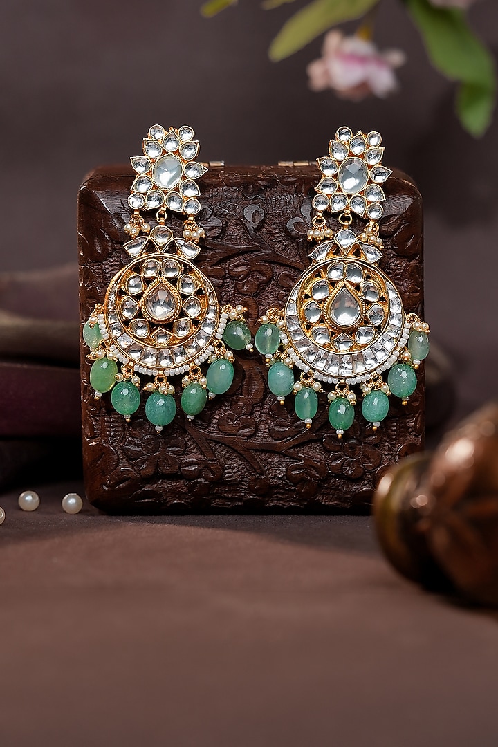 Gold Plated Jadtar Stone & Green Beaded Dangler Earrings by Riana Jewellery at Pernia's Pop Up Shop