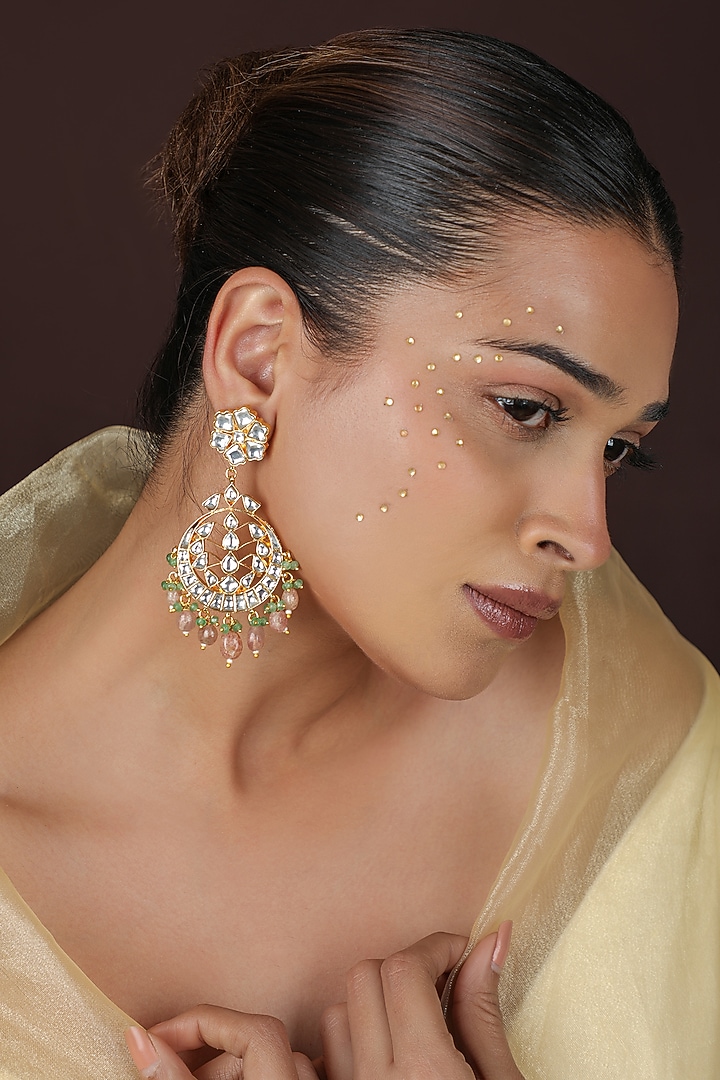 Gold Plated Kundan Polki & Pearl Floral Dangler Earrings by Riana Jewellery at Pernia's Pop Up Shop