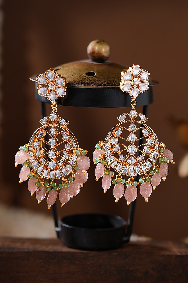 Gold Plated Kundan Polki & Pearl Floral Dangler Earrings by Riana Jewellery at Pernia's Pop Up Shop