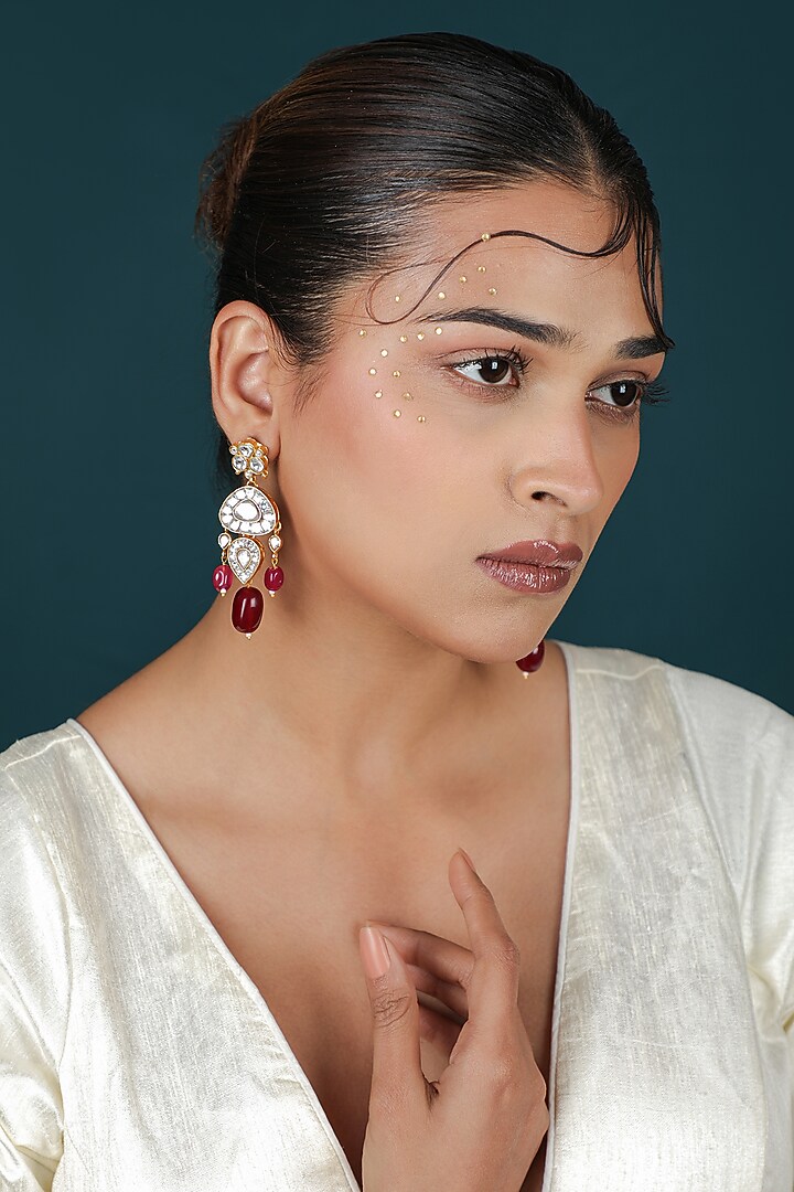 Gold Plated Kundan Polki & Ruby Drops Dangler Earrings by Riana Jewellery at Pernia's Pop Up Shop