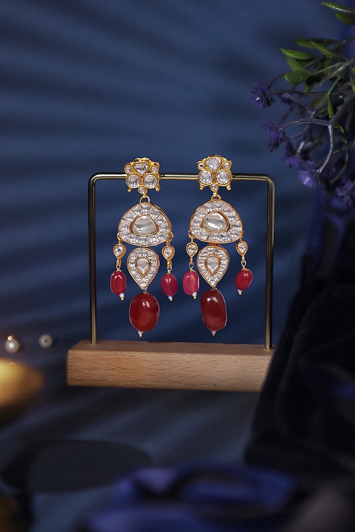 Gold Plated Kundan Polki & Ruby Drops Dangler Earrings by Riana Jewellery at Pernia's Pop Up Shop