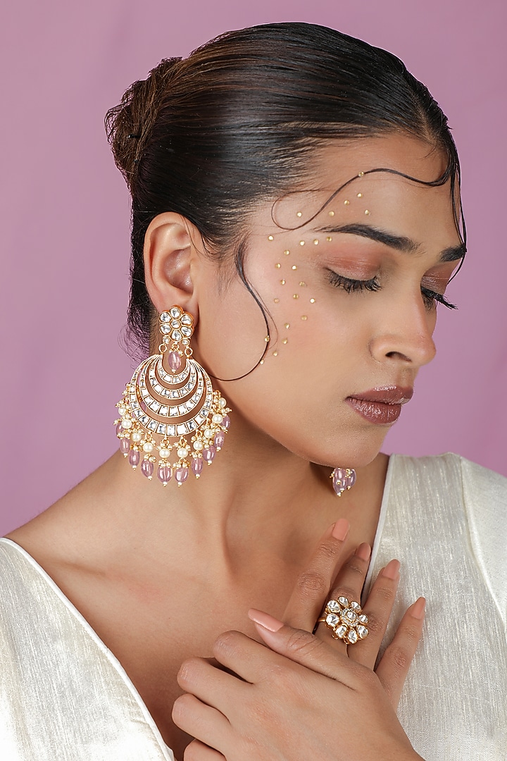 Gold Plated Jadtar Pink Beaded Chandbali Earrings by Riana Jewellery at Pernia's Pop Up Shop