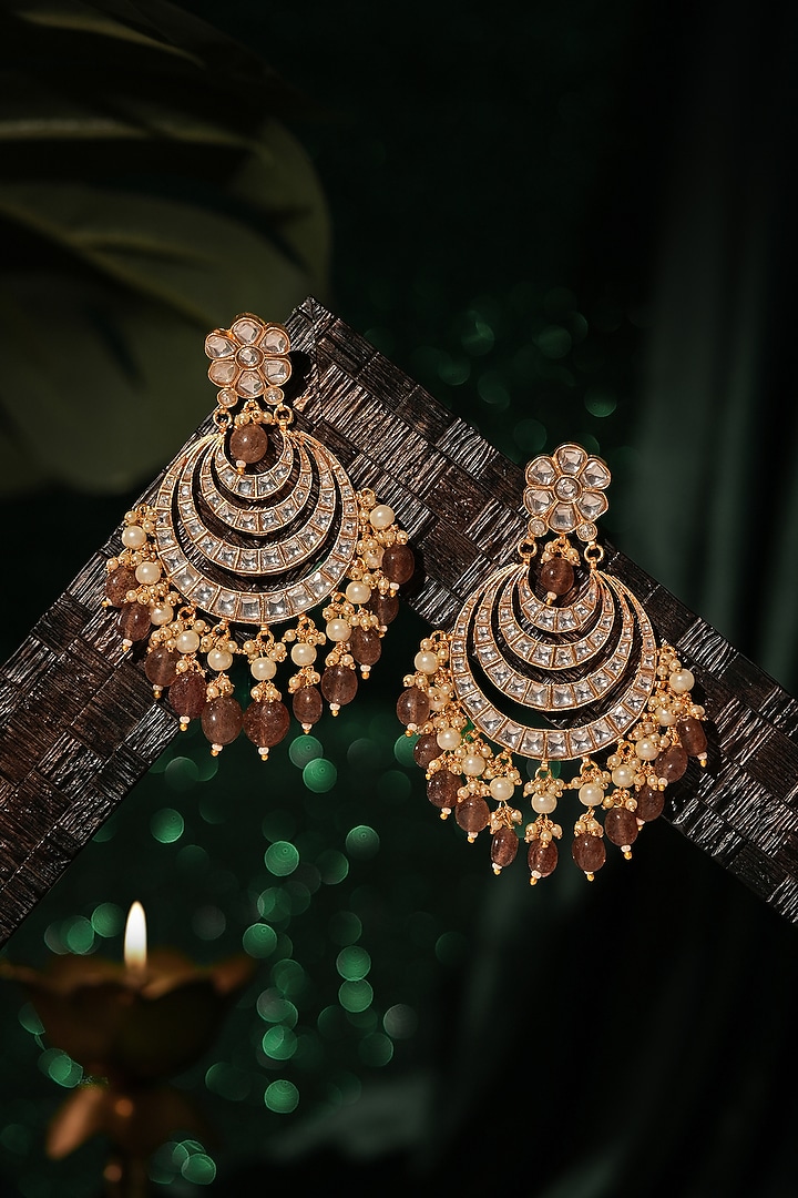 Gold Plated Jadtar Pink Beaded Chandbali Earrings by Riana Jewellery at Pernia's Pop Up Shop