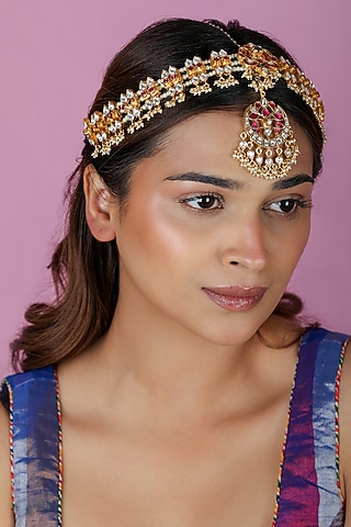 Gold Plated Pink & Green Stone Mathapatti by Riana Jewellery