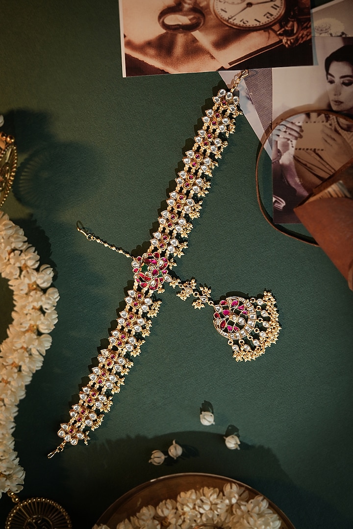 Gold Plated Pink & Green Stone Mathapatti by Riana Jewellery at Pernia's Pop Up Shop