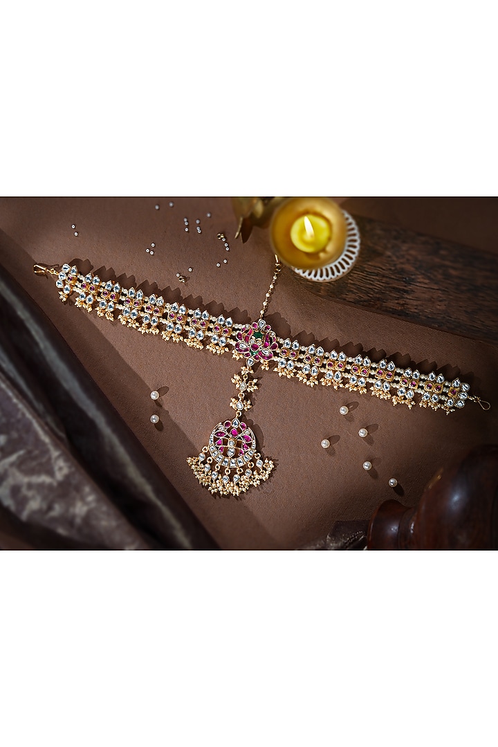 Gold Plated Pink & Green Stone Mathapatti by Riana Jewellery at Pernia's Pop Up Shop