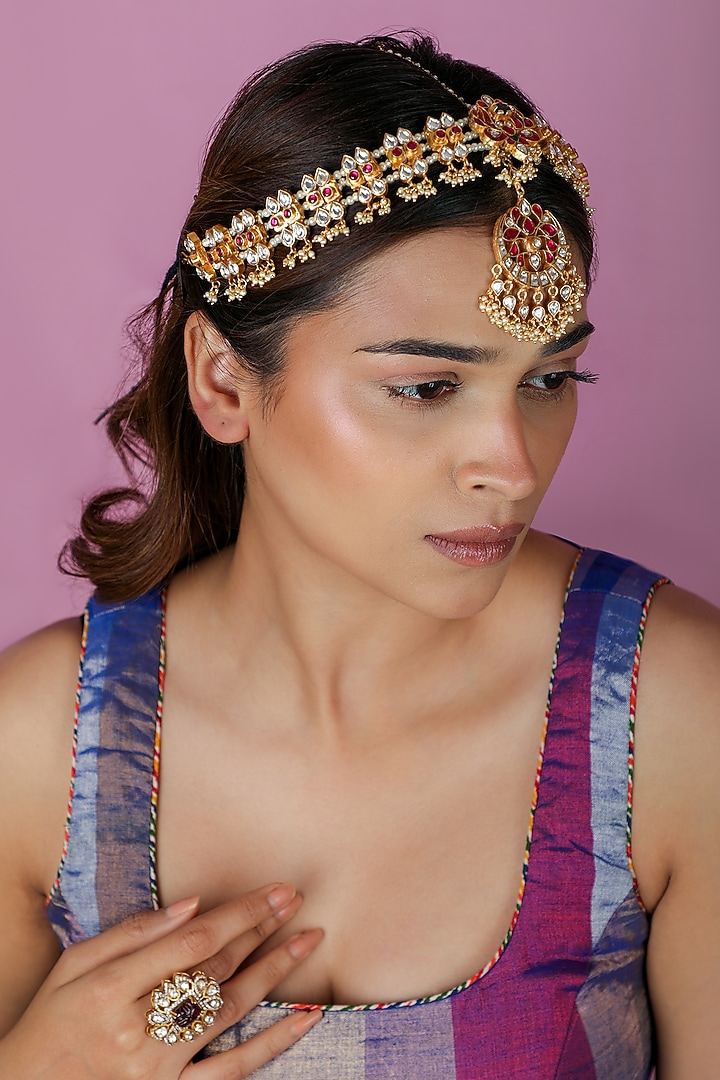 Gold Plated Pink & Green Stone Mathapatti by Riana Jewellery at Pernia's Pop Up Shop