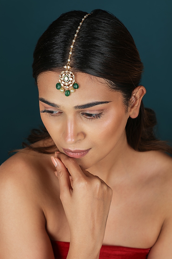 Gold Plated Jadtar Stone Green Meenakari Maangtikka by Riana Jewellery at Pernia's Pop Up Shop