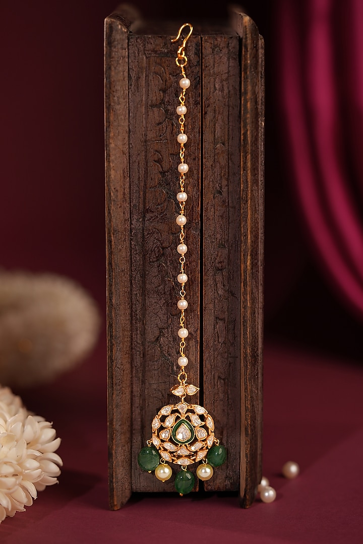 Gold Plated Jadtar Stone Green Meenakari Maangtikka by Riana Jewellery at Pernia's Pop Up Shop