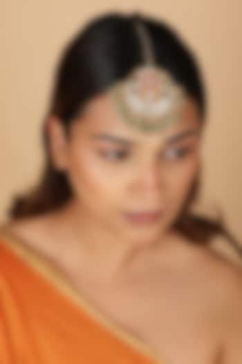 Gold Plated Sea Green & Pink Stone Maangtikka by Riana Jewellery at Pernia's Pop Up Shop