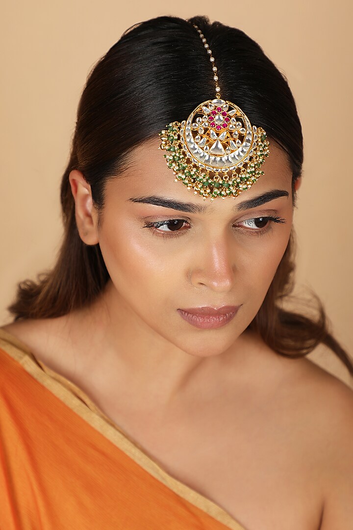 Gold Plated Sea Green & Pink Stone Maangtikka by Riana Jewellery at Pernia's Pop Up Shop