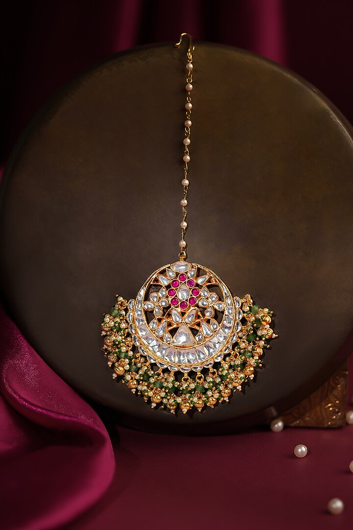 Gold Plated Sea Green & Pink Stone Maangtikka by Riana Jewellery at Pernia's Pop Up Shop