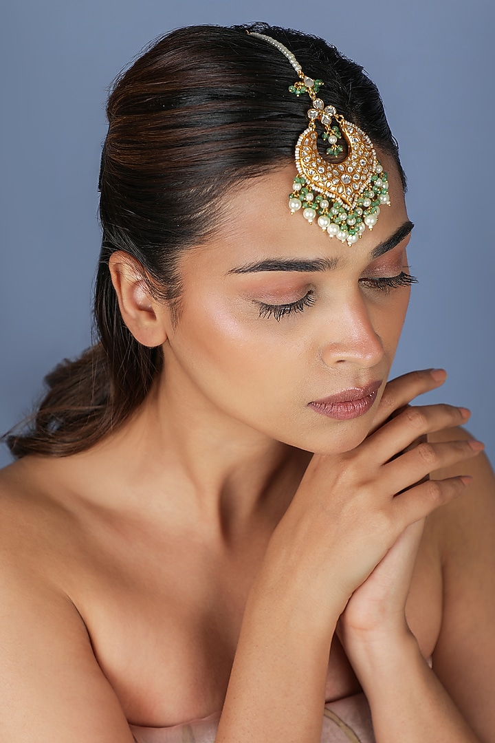 Gold Plated Pearl & Green Beaded Maangtikka by Riana Jewellery at Pernia's Pop Up Shop
