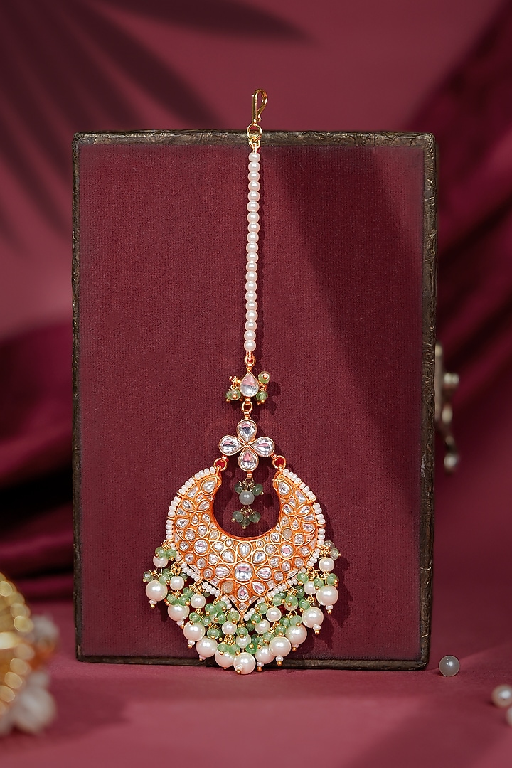 Gold Plated Pearl & Green Beaded Maangtikka by Riana Jewellery at Pernia's Pop Up Shop